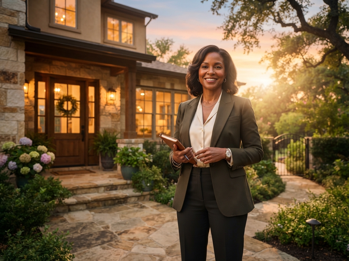 Woman standing outside a home in the E.M.P.A.C.T. Unity community
